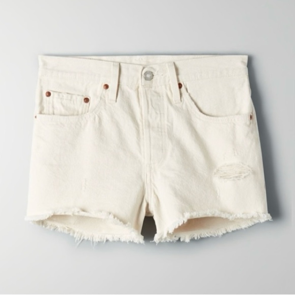 Levi’s 701 Distressed High-Rise Button-Fly Cream Shorts 25W
